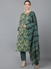 Women Beige Pure Cotton Floral Printed Kurta Trousers With Dupatta 1